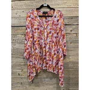 Lane Bryant‎ Women's Floral Sheer Shirt Orange Pink Red White Blue Size 14/16